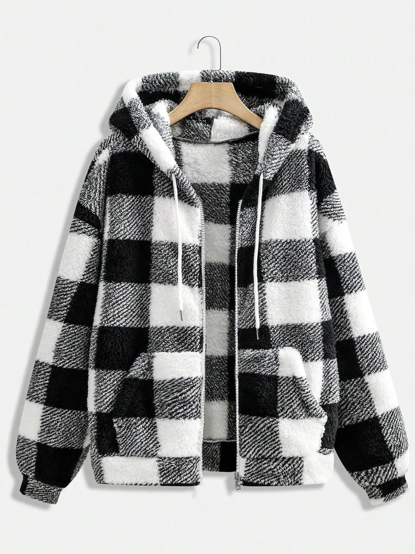 【Plus Size】 Plaid Print Pocket Zip Up Drawstring Hooded Jacket, Casual Long Sleeve Drop Shoulder Fuzzy Outerwear for Fall & Wint
