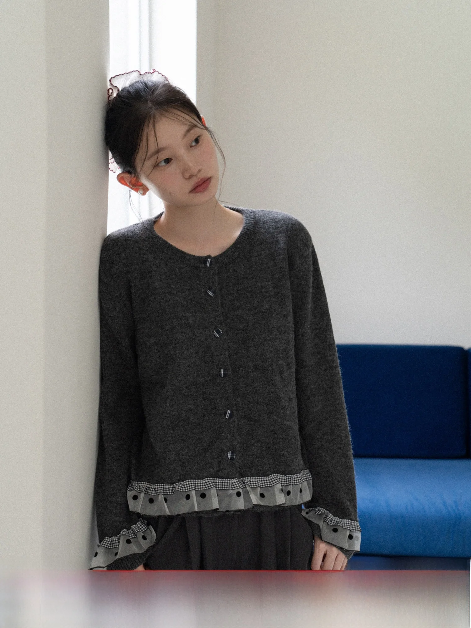 

ay Splice Polka Dot Lace Hem Sweater Coat Women's Loose Knitted Open Cardigan Autumn New Sle Commute Sle Thi Warm