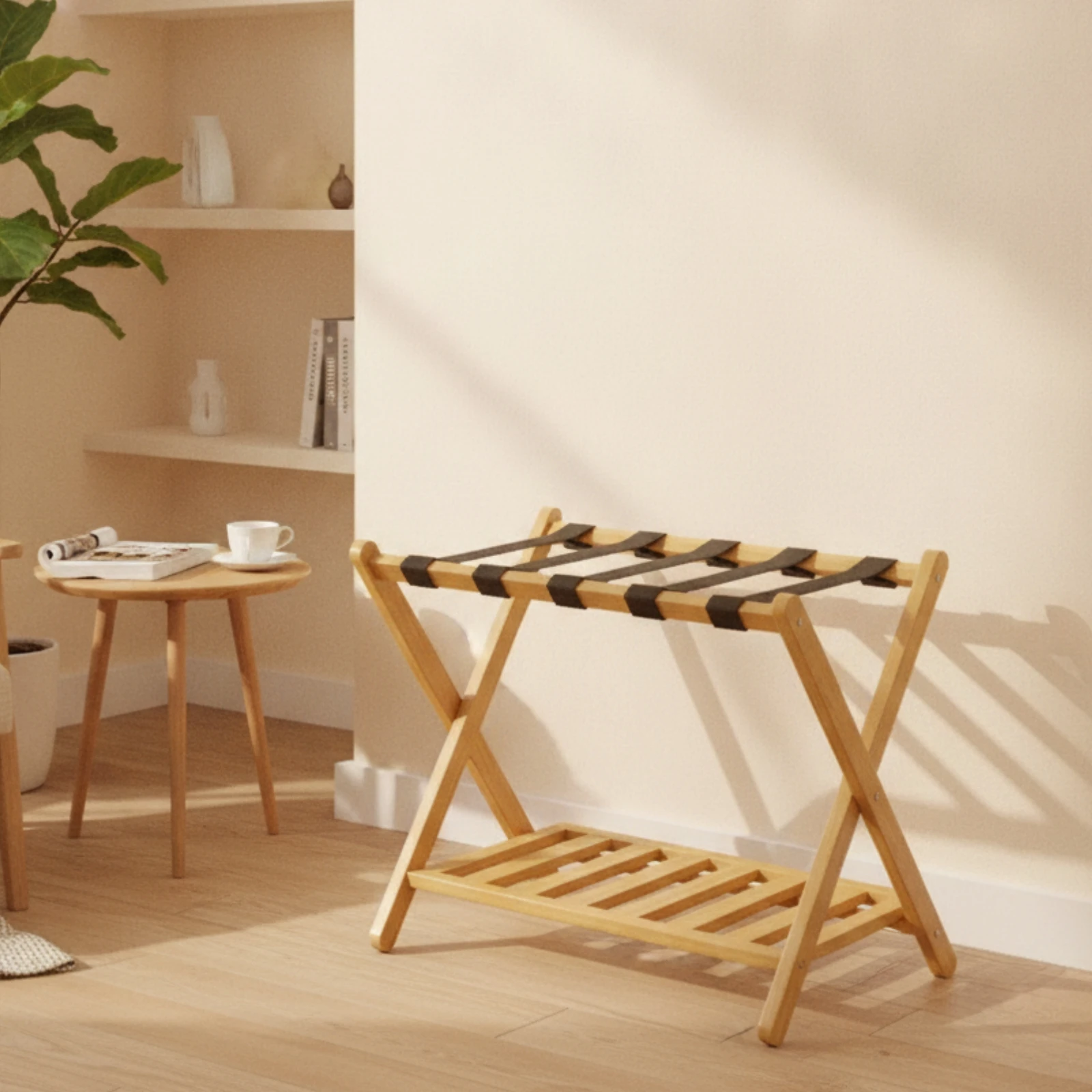 Bamboo Luggage Rack with Shelf Collapsible Luggage Rack with Storage Shelf 2-Tier Suitcase Holder Space-Saving for Guests
