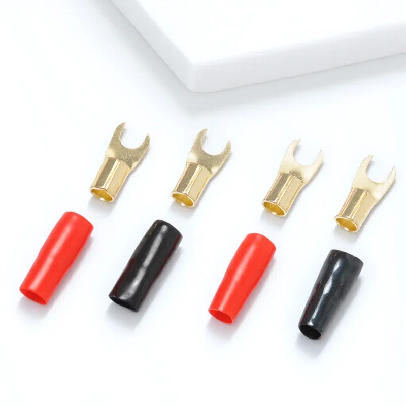 

5pcs 5 Pairs 8Ga Red Black Copper Gold Plated Crimp Fork Terminals For Speaker Wire Spade Connectors Crimp Barrier Spades Power