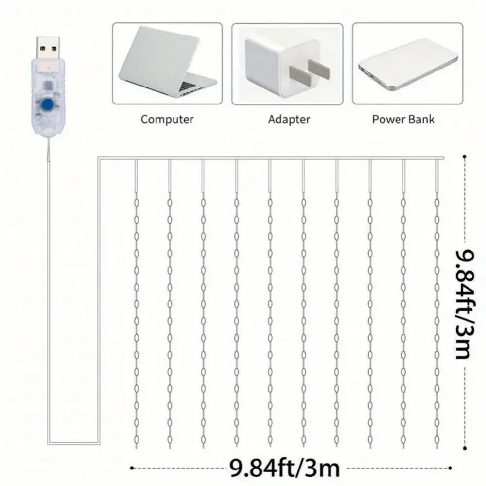Guirnalda de luces de cortina de alambre de aleación USB con control remoto, 8 modos, luces LED para dormitorio, ventana, boda, fiesta de Navidad, decoración del hogar