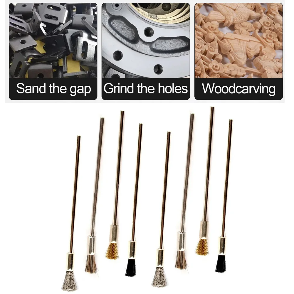 Spazzola per ruote in filo di acciaio da 8 pezzi Mini spazzola in ottone strumento rotante per mola per lucidatura per trapano accessori per strumenti per la pulizia della ruggine domestica