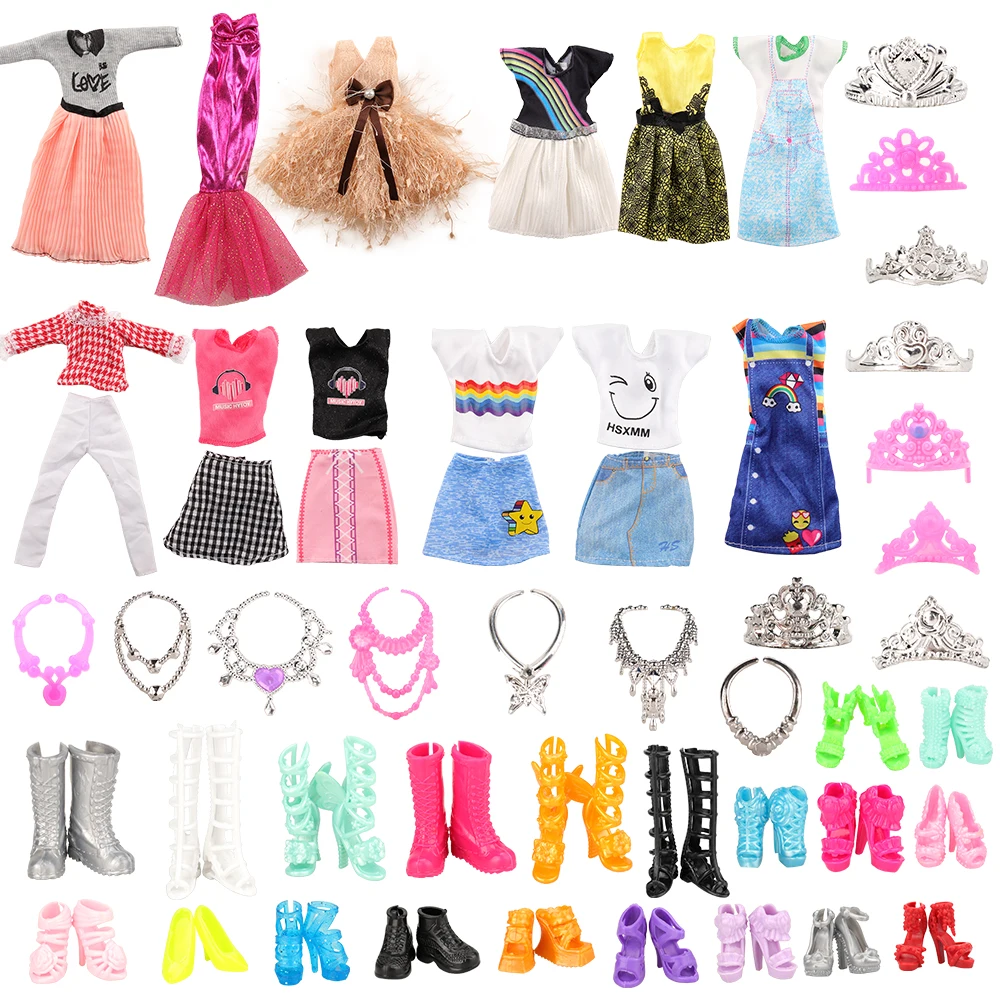 27 Pcs 1/6 Kawaii Fashion Girl Doll Clothes and Accessories-3 Dress，2 Tops+Pants or Short Skirts，10 Shoes，12 Crowns Necklace