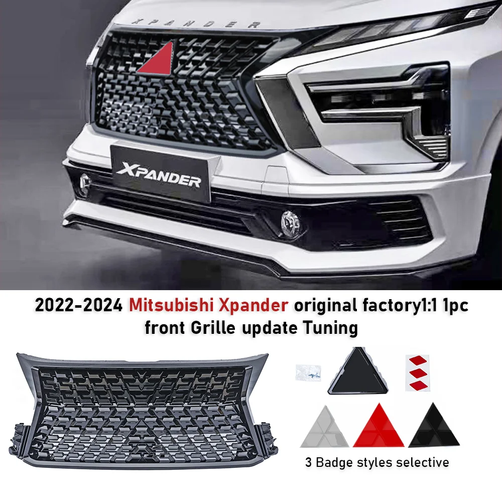 For Mitsubishi Xpander 2022-2024 Front Grille Tuning with Badge Glossy Black SPORT Front Grills Facelift Car Upgrade Tuning