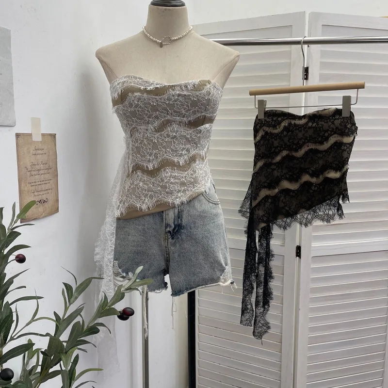 Lace Trim Ribbon Tie Bandeau Bra with Builtin Pads Non Slip Asymmetric Cropped Sleeveless Top Irregular Ruffled Outfits 23667