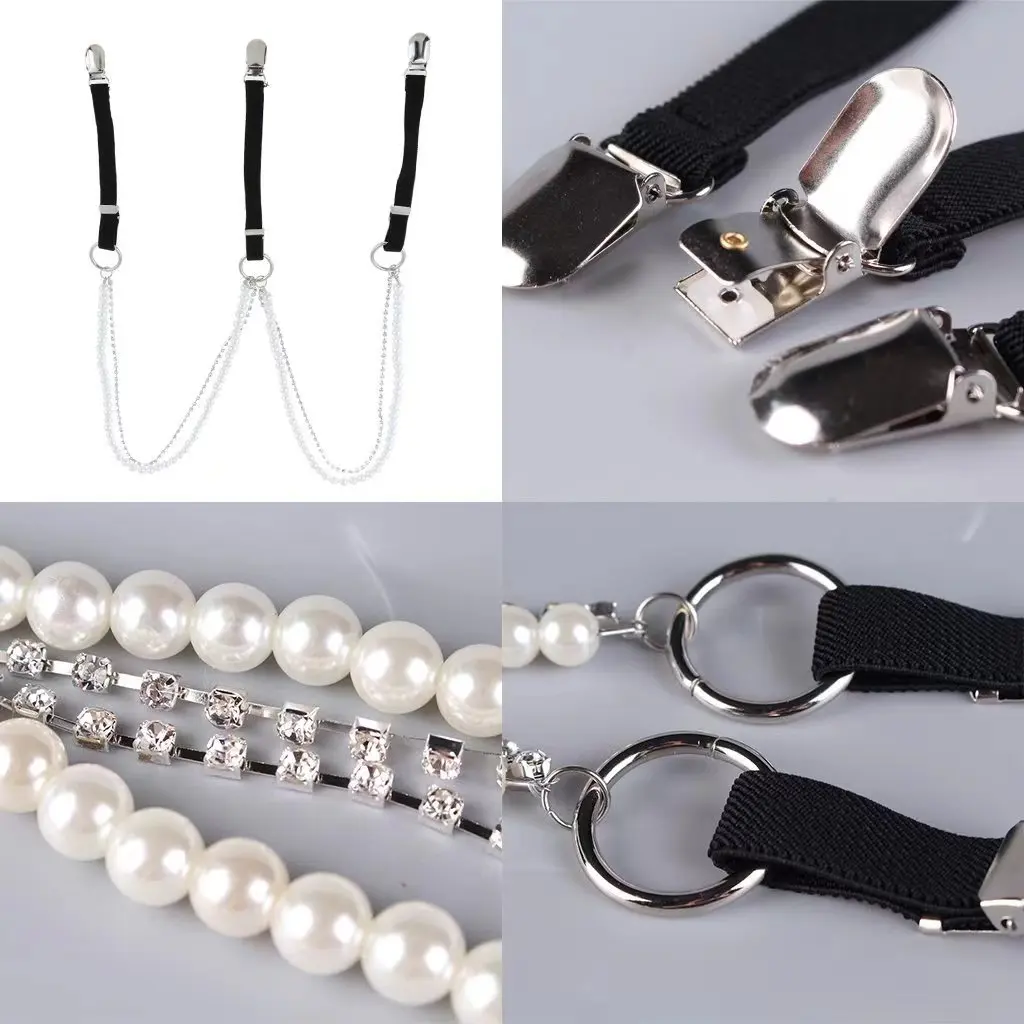 Women's Suspenders Fashion Pearl Chain Fashionable and Versatile  Elastic Strap Clip Chain Korean Style High Value Elastic Band