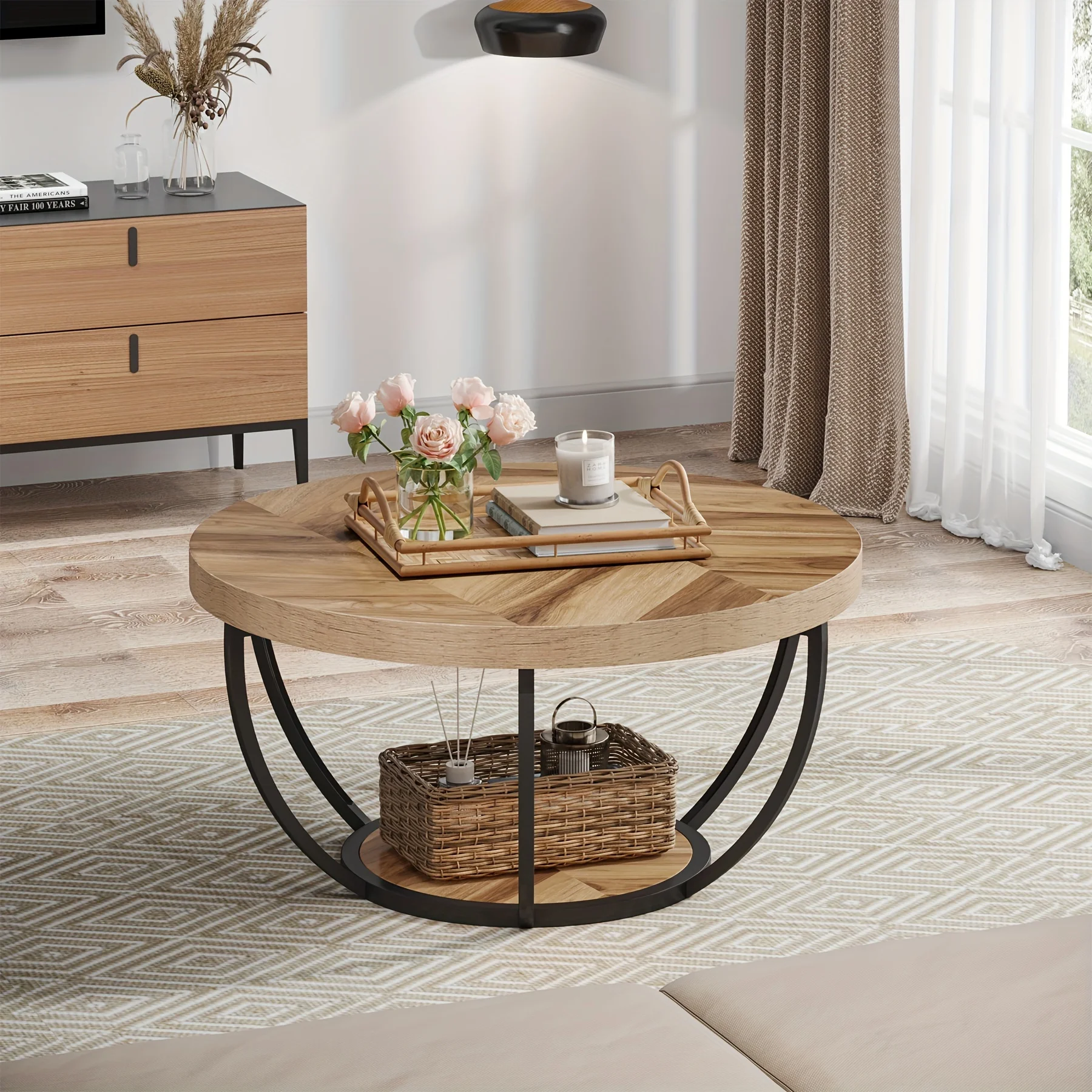 wooden circular coffee table, double-layer coffee table with storage rack, modern living room, sofa decoration center table,