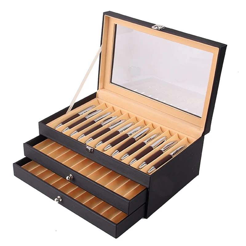 36 Slots Wooden Pen Display Storage Box Luxury 3 Layer PU Pen Case Glass Window Fountain Case Pen-Collection Organizer