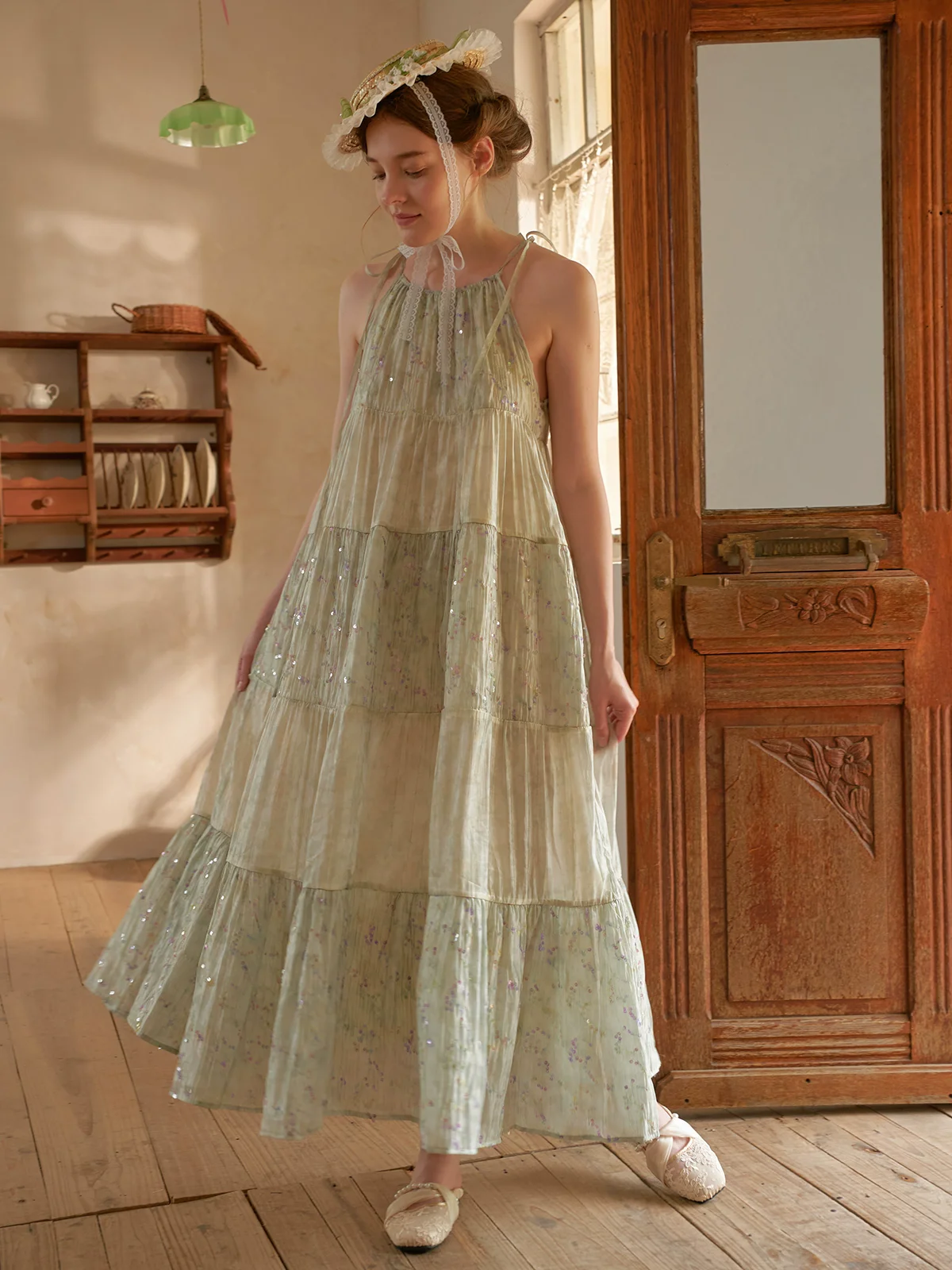 Frühling Sommer Damen Mintgrüner Pailletten-Maxirock Zweiteiliges Set mit Blazer-Oberteil und fließendem Camisole-Kleid