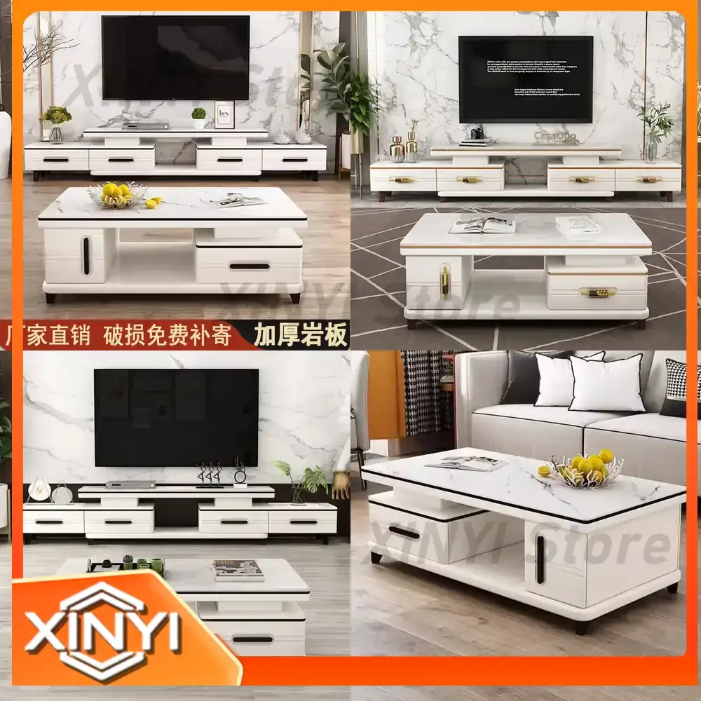 Modern Laminate Extendable TV Stand for Living Room Luxury Coffee Table Set Marble Style TV Cabinet and Tea Table
