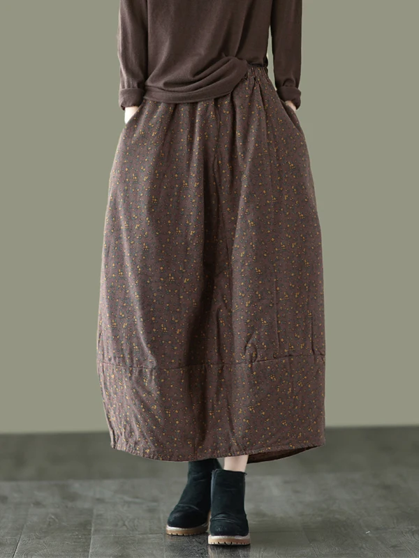 Gonna in lino di cotone floreale retrò con elastico in vita Fce Gonna a fiori in lino di cotone autunno inverno Gonna da donna calda