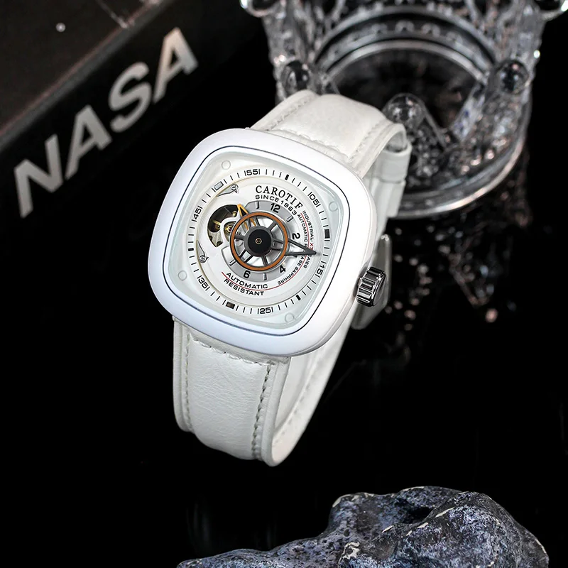 A men's white leather belt innovative sports watch with Arabic numerals, compass, and fully automatic mechanical movement