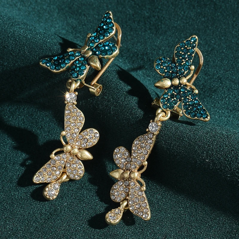 

Vintage Drop Butterfly Earrings Luxury Green Rhinestone Long Woman Gold Color Retro Elegant Quality Jewelry New In For Girl