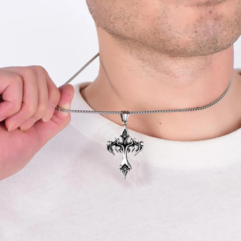 Stainless Steel Necklace Flame Retro Cross Titanium Steel Casting Men Pendant Necklace Type Jewelry Festival Party Daily Gifts