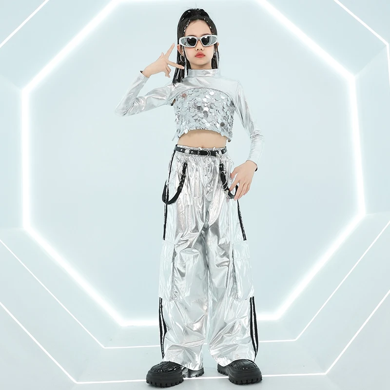 Kids Clothing  Jazz Dance Silver Sequin Suit Tops Cargo Pants Hip-hop Suit Street Dance Clothes Catwalk Show Costumes DQL9583
