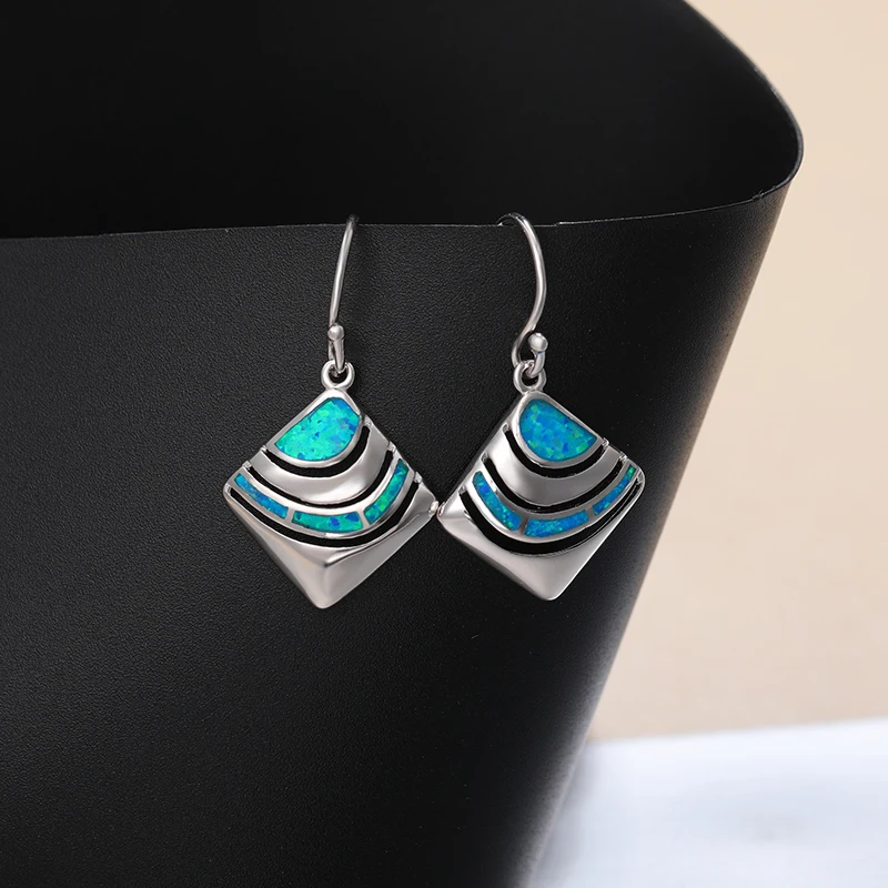 MYOP 925 Sterling Silver Earrings Square Stone Earrings White Blue Opal Drop Earrings Simple Fashion For Women Jewelry