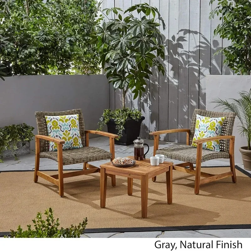 3-Piece Outdoor Wooden and Wicker Club Chair Set with Side Table