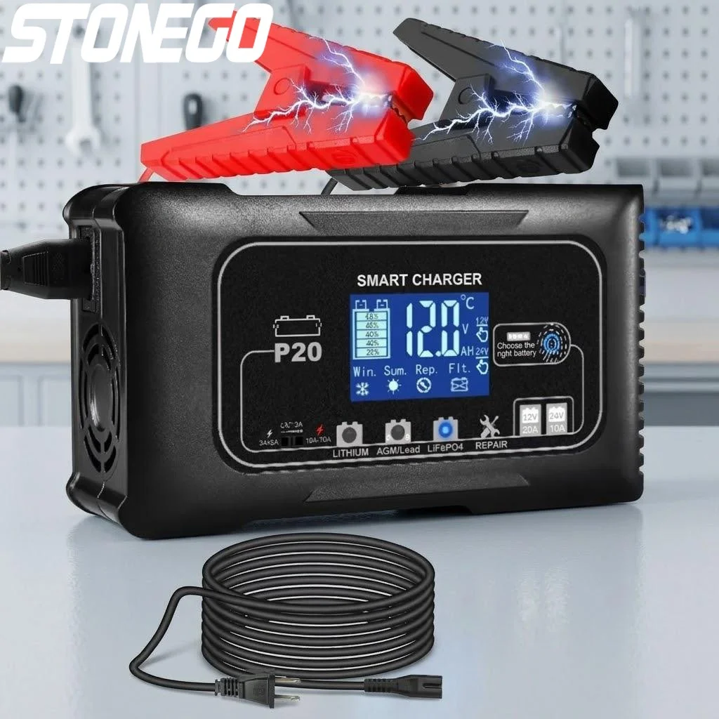 

Зарядное устройство 12В/24В с ЖК-дисплеем для аккумуляторов ATV, мотоциклов, автомобилей, лодок (AGM, Gel, Li-ion) с функцией восстановления и поддержания заряда