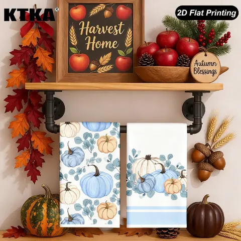 2 Blue and White Pumpkin Eucalyptus Autumn Kitchen Towels, Absorbent and Reusable Cleaning Cloths, Autumn Decorative Hand Towels, Thanksgiving Decorations, Farmhouse Style Autumn Home Decor, Thanksgiving Harvest Season