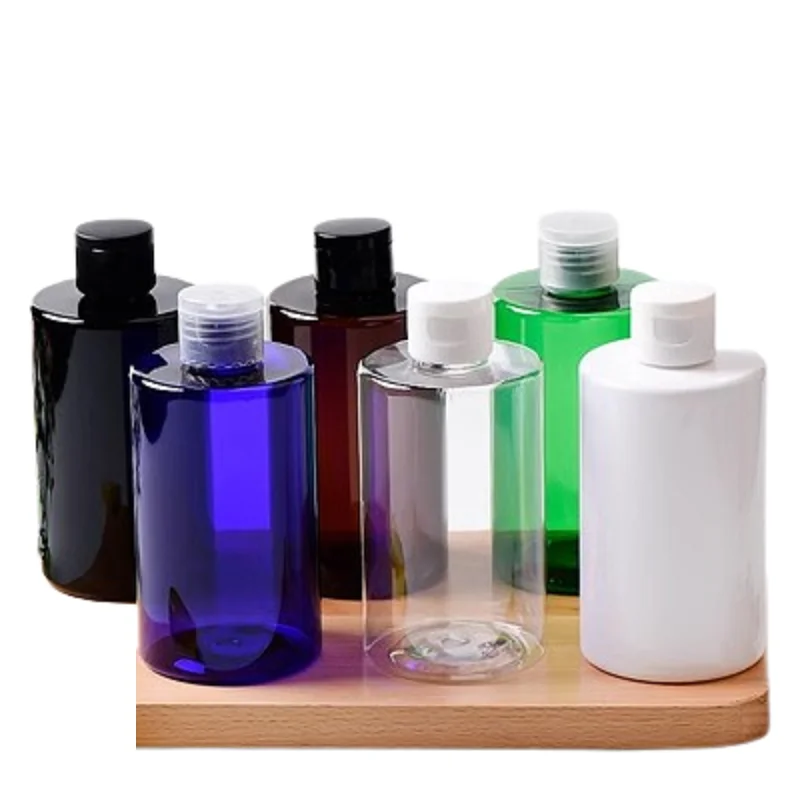 20Pcs Empty Plastic Refillable Bottle Flat Shoulder PET 250ML Black White Clear Flip Lid Cosmetic Packing Shampoo Bottles