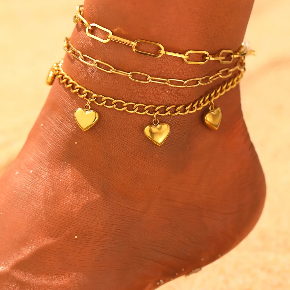 Stainless Steel Simple Three-Dimensional Heart Pendant Anklet Female Fashion Multi-Layer Stacked Wear Foot Jewelry Accessories