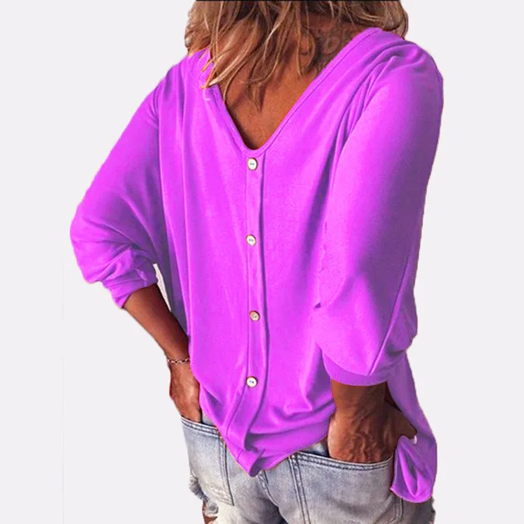 Plus Größe Lose frauen Hemd V-ausschnitt Overhead Drei-Viertel Hülse Casual Weibliche Top Taste Dekoration Gepolsterte Schulter – Detail 9