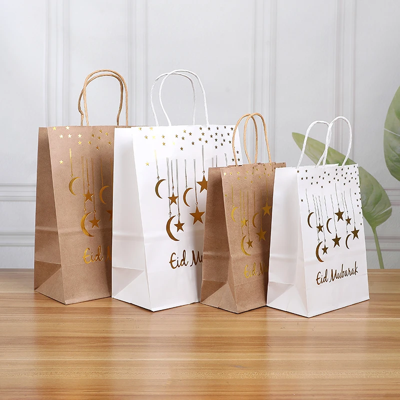 

5pcs Eid Mubarak Candy Gift Bags With Handles Ramadan Cookie Snacks Kraft Paper Tote Bags Packing Bag Islamic Muslim Party Decor