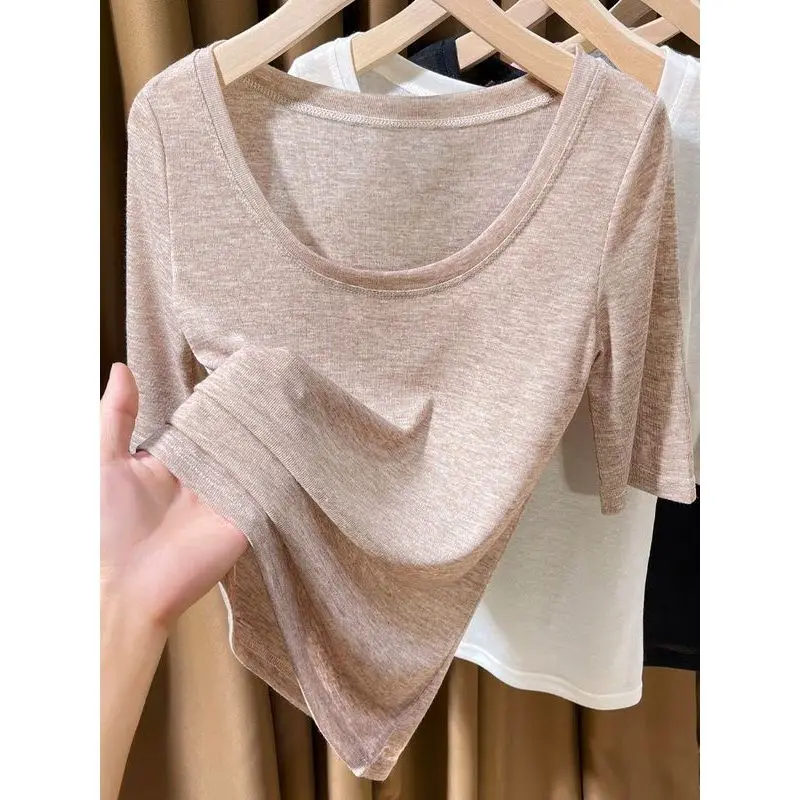 Ultra-Thin Short-Sleeve Knitted T-Shirt Women's Low-Cut Midi-Sleeve Silk-Like Summer Top Breathable Comfortable Casual Tee