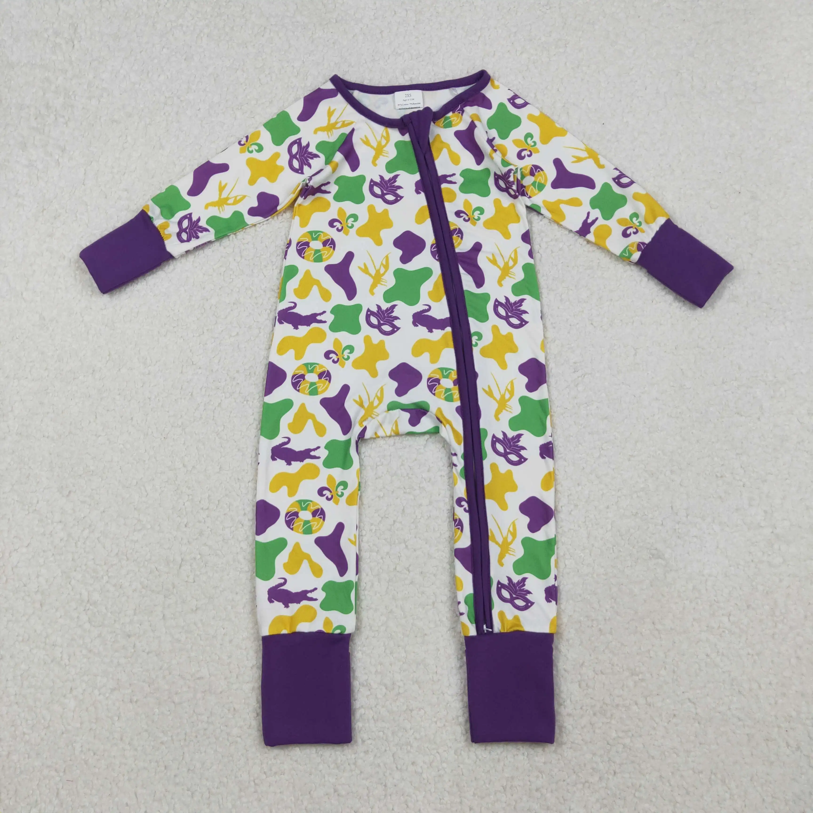 

X10.14 New baby boys romper wholesale carnival mask camo purple and white zipper long sleeve onesie