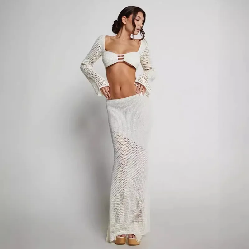 

2025 Summer Women's New Tie Long Sleeve Hip Wrapping Casual Knitted Long Skirt Set