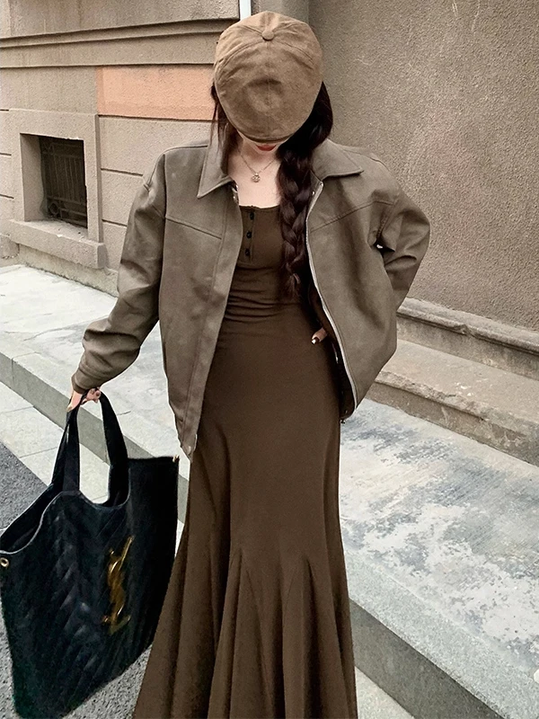 Retro Lange Sve A-lijn Fi Staart Dr Dames Innerlijke Slijtage Afslanken Lange Dr Lente Herfst Hoge Taille Pure Kleur Casual Fit