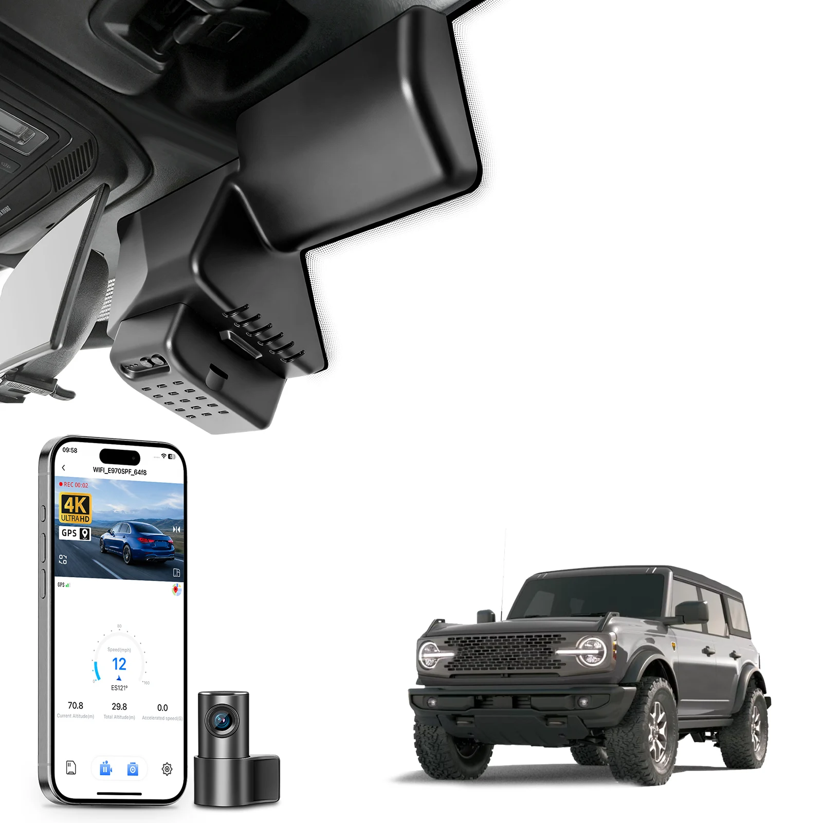 Mangoal Dash Cam 4K For Ford Bronco Dash Car Camera 2021-2026 (Can Not Support Ford Bronco Sport) GPS WiFi & APP Recorder