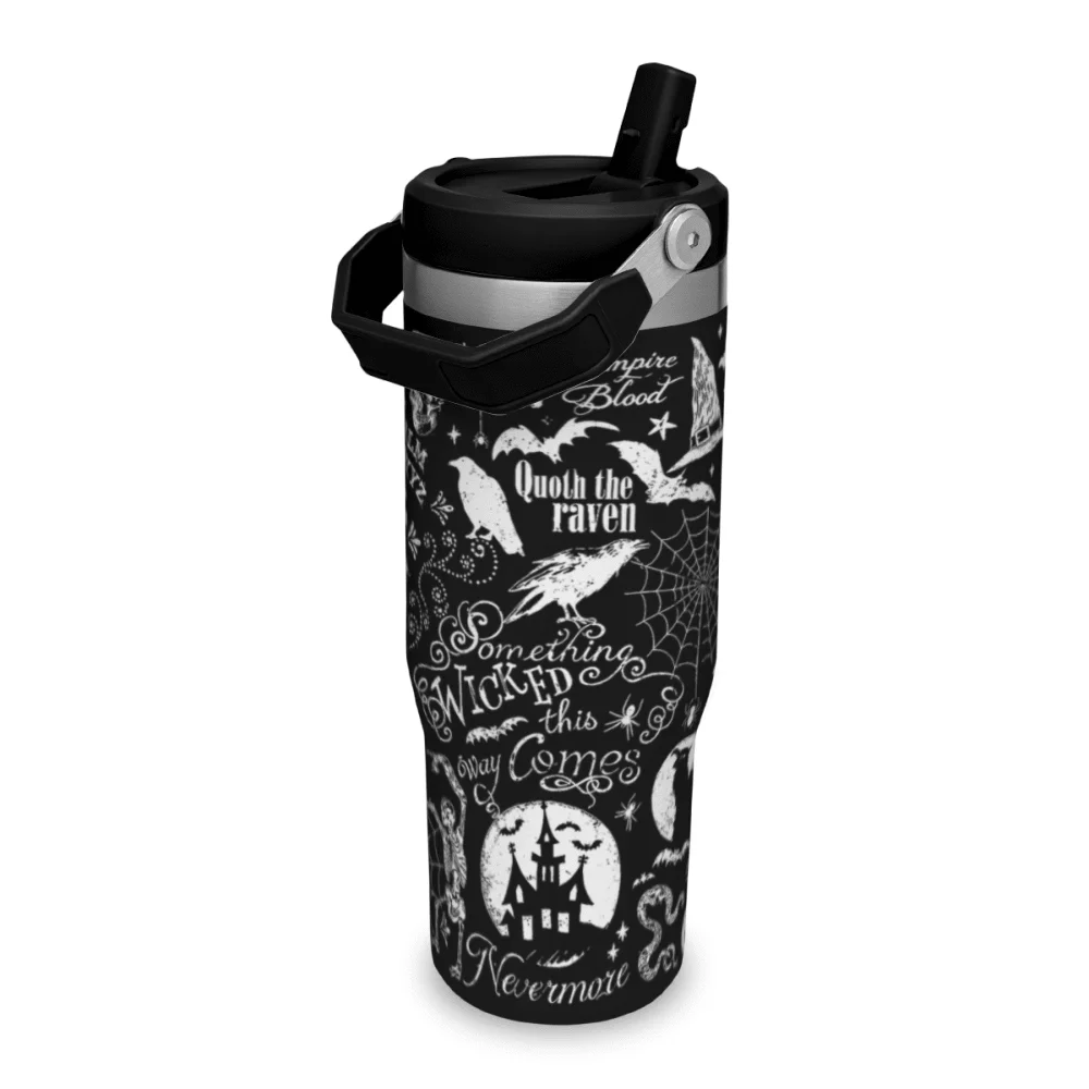 Tumbler, Spooky Skull Tumbler Spider Bat Cup With Handle And Straw, 30 Oz Stainless Steel Insulated Water Bottle Halloween Gift
