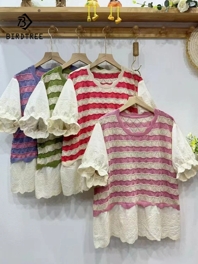 

New 2025 Summer Cotton Short Sleeve T-Shirt, Women O Neck Striped Embroidery, Mori Girl Retro Casual Ruffles Loose Tee T56651CC