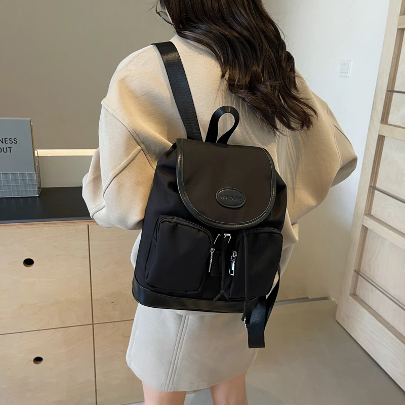 Preppy Style Backpack Womens Flap Nylon Backpacks Niche Design College School Backpack Multi Pockets Travel Hiking Shoulder Bag