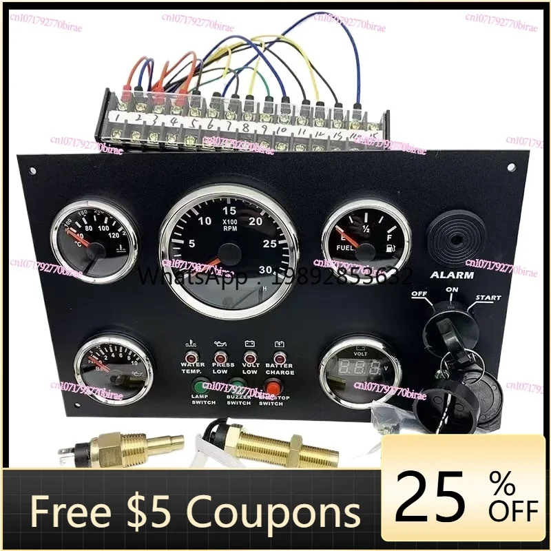 Multifunctional Diesel Engine Gauge Marine Gauge Panel with 5 Black Gauges 12V/24v Generator Marine Car