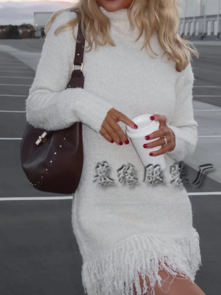 Solid Knit Sweater For Women Fashion Turtleneck Long Sleeve Tassel Pullover Sweaters Tops Lady Holiday Streetwear Clothes New