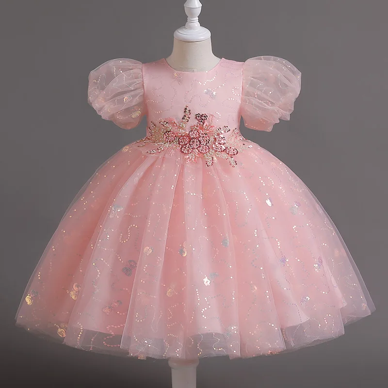 Girls summer short puffed sleeve court style princess dress pure white dress flower children piano performance #C551