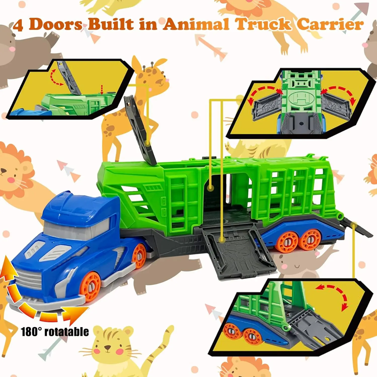 Dinosaur Animal Transport Vehicle Toy Set Includes 1 Transport Vehicle, 12 Dinosaurs or Animals, 2 Small Transfer Vehicles. the Transport Vehicle Features a Rotating Cab and 4 Doors That Can Be Opened. Suitable for Children over 3 Years Old to Stimulate Imagination and Develop Hands-On Skills. It Is a Great Gift for Christmas, Halloween, Thanksgiving, and Birthdays view 3