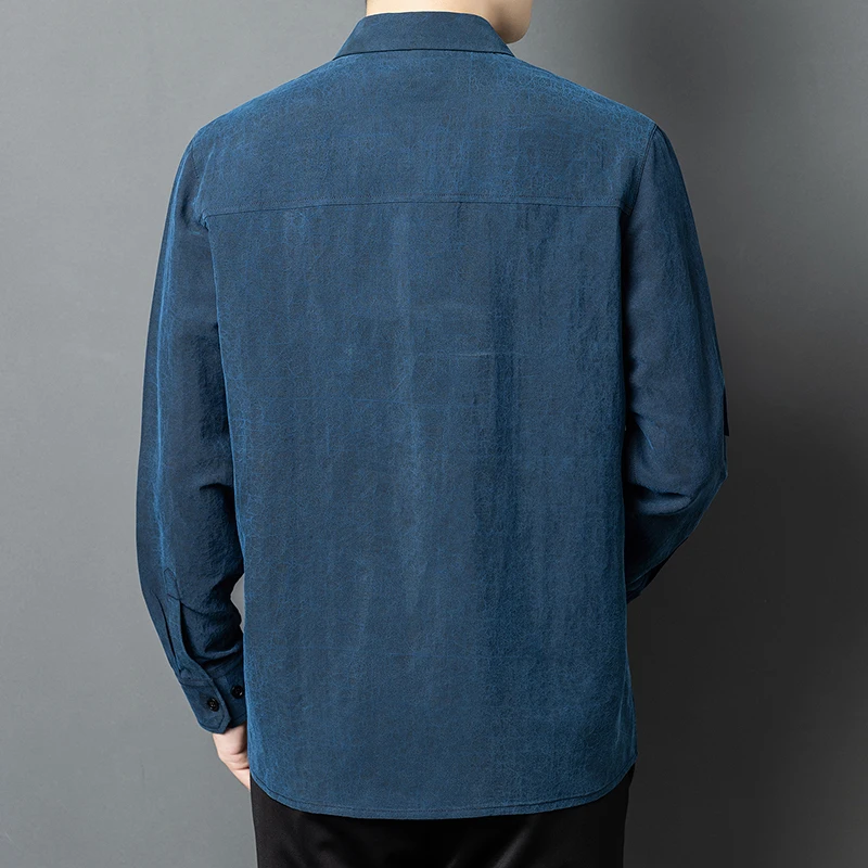 Skin-Friendly Premium Shirts For Men Long Sleeved Real Silk 100% Autumn Quality Lightweight Gambiered Canton Gauze Chemise Homme