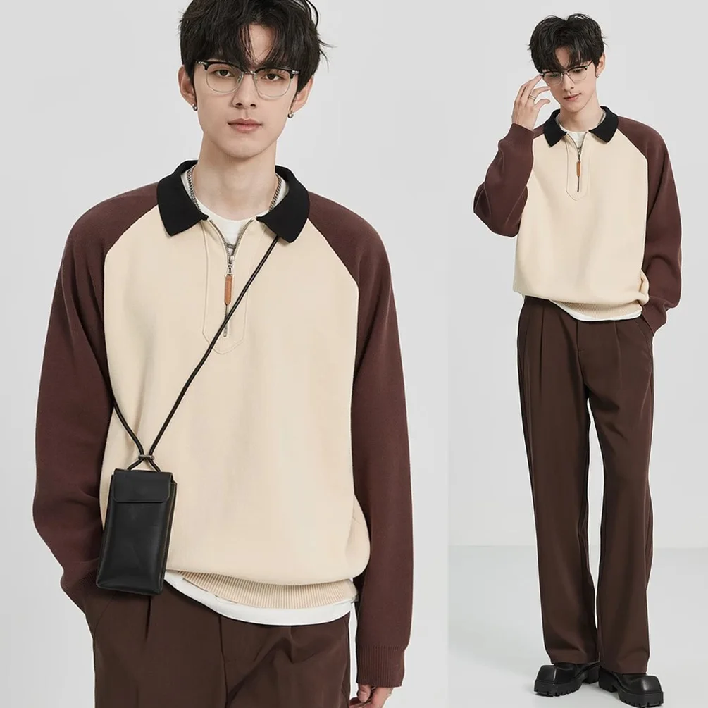 Autumn Winter Color-Block Half-Zip Lapel Polo Sweater Men Korean Business Casual Knit Outerwear