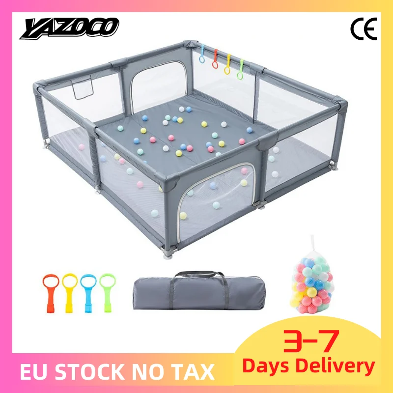 YAZOCO Box per Bambini Grigio Chiaro, Recinto da Gioco con Anello di Trazione, Barriera di Sicurezza per Bambini, Box con Palline, Area Giochi
