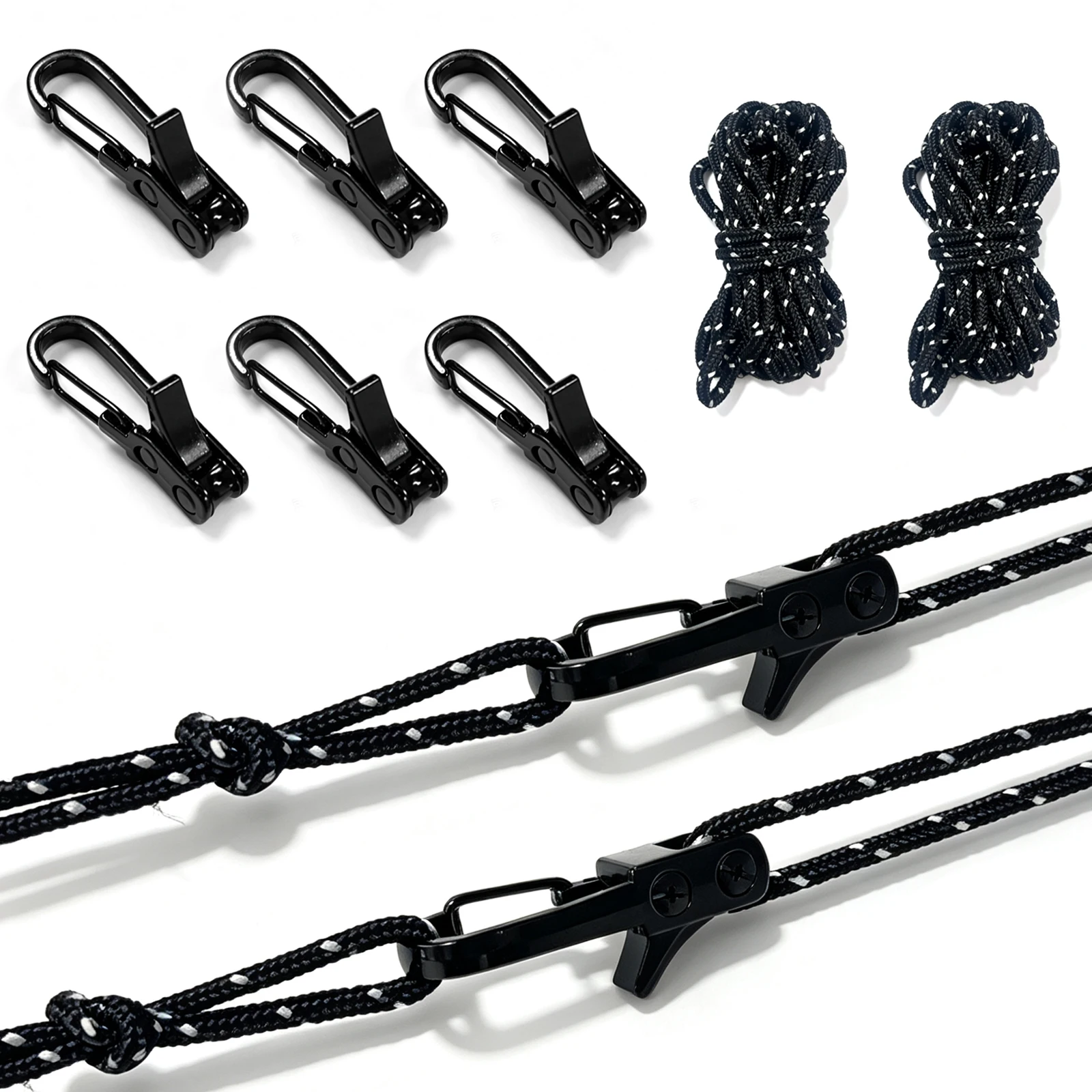 Dark Retractable Paracord Tensioner Rope Fasteners with Alloy Carabiners and Windproof Binding Straps