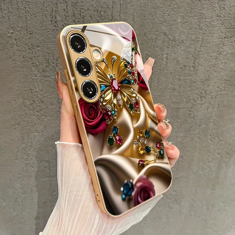 Colorful gemstone butterfly Phone case Glass TPU phone case for Samsung Galaxy S26/S25/S24/S23/S22/S21 FE Ultra Plus Shockproof