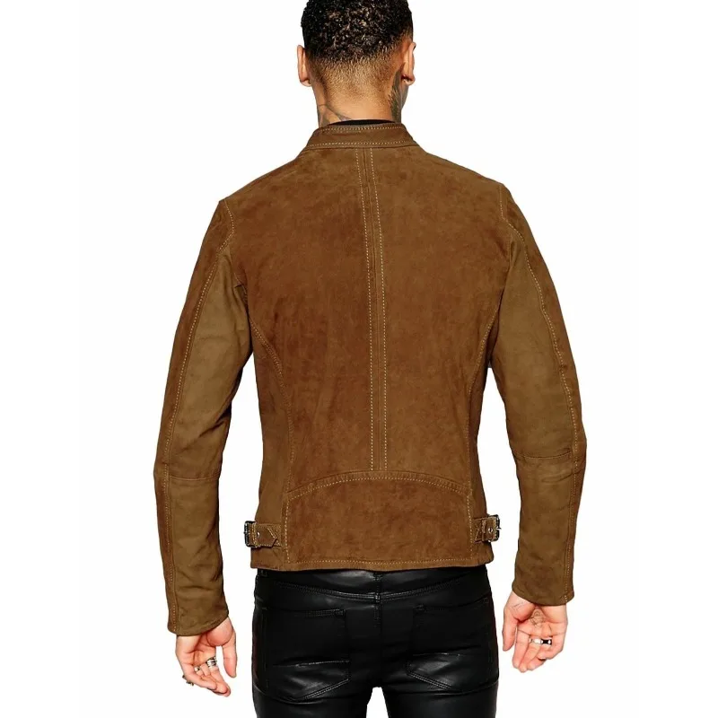 Suede Leather Jackets Men Real Lambskin Biker Motorcycle Brown Slim Coat