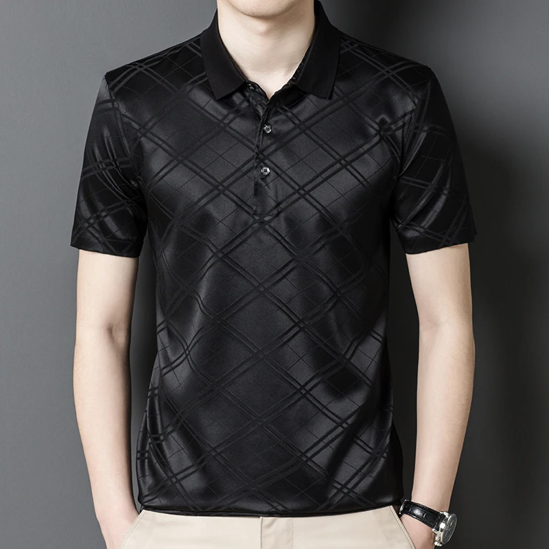 

Smart Casual Plaid Silk Polo Shirts For Men Short Sleeve Coolness Summer Quality Regular Fit Breathable Trends Camisas De Hombre
