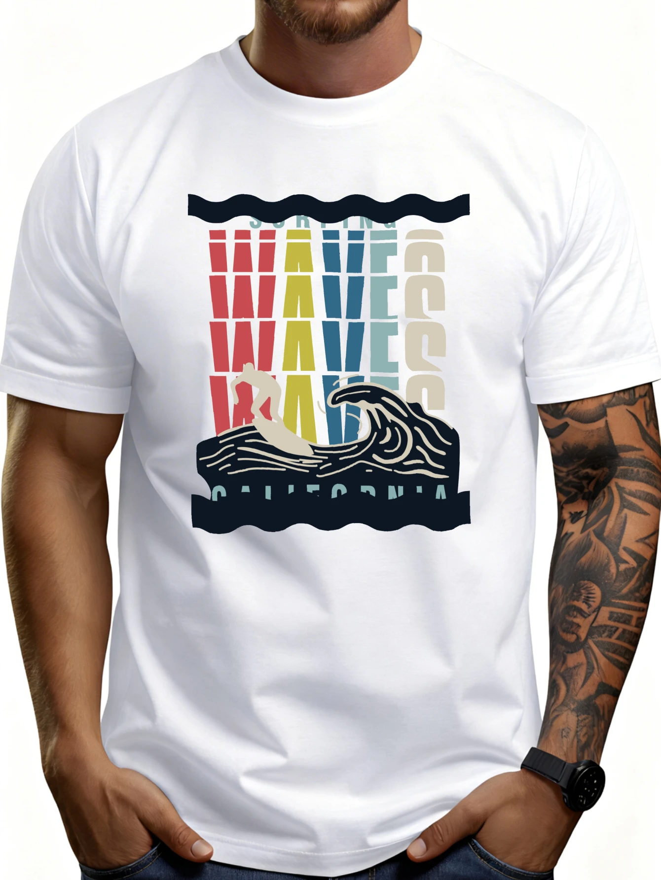Vintage Surfing Design Men's T-Shirt Wave and Surfer Pattern Summer Beach Apparel Gift for Surfing Enthusiasts