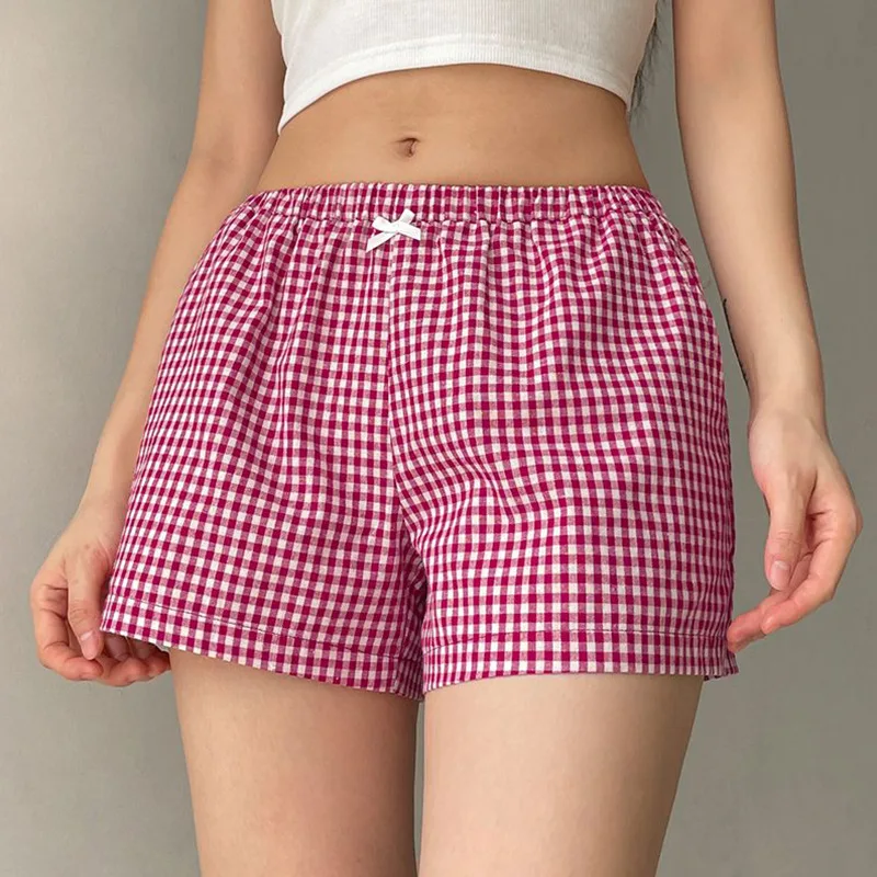 Vitality College Y2K Korean Pink Kawaii Cute Girl Plaid Bow Shorts Summer Sexy Personality Loose Holiday Straight Casual Shorts