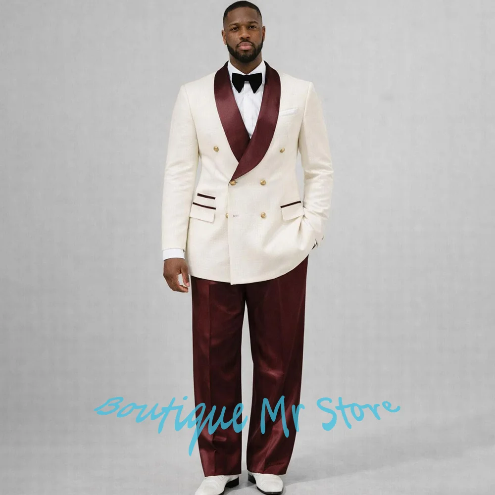 

Мужской двубортный смокинг цвета слоновой кости и бордовый с шалевым воротником: пиджак и брюки, комплект из 2 предметов, наряд для жениха на свадьбу