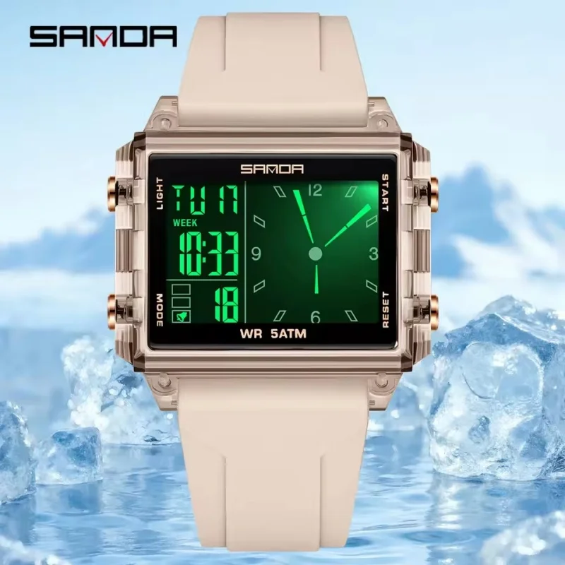 

SANDA 6273, модные мужские и женские цифровые часы, водонепроницаемые брендовые трендовые прямоугольные военные спортивные светодиодные часы для мужчин, reloj hombre